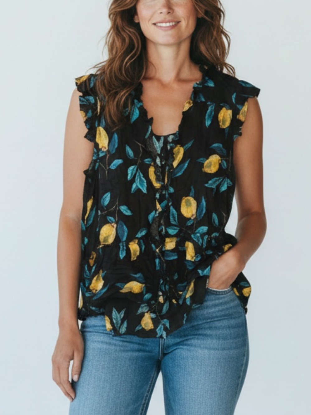 Jessica Simpson Black Sleeveless Lemon-Print Ruffle Camisole